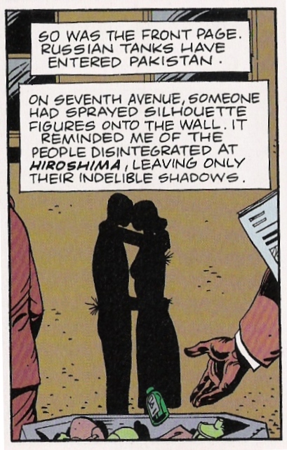 Silhouette on the wall reminds narrator of Hiroshima.