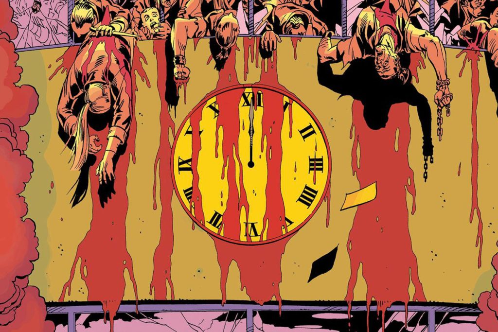 Blood soaked corpses hang above a clock displaying midnight. Art by Dave Gibbons.