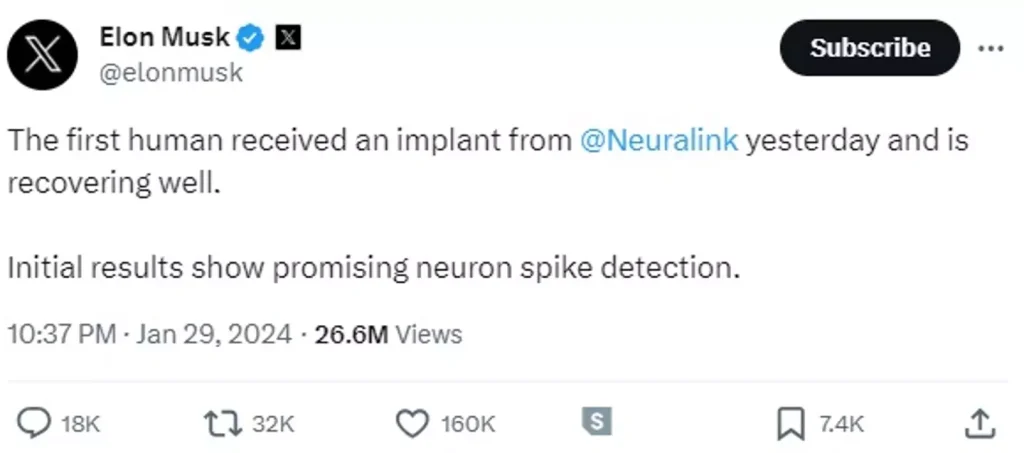 Elon Musk tweets about Neuralink implants.