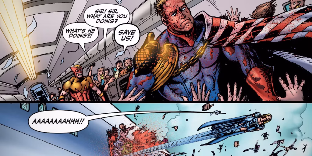 Comic book - Homelander of The Seven (The Boys) abandons a planeful of citizens to their deaths.