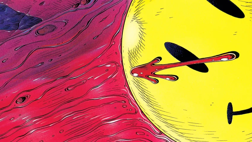 The iconic Watchmen symbol of the smiley face with bloodstain, adrift in a sea of blood. Art by Dave Gibbons