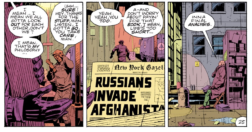 In Watchmen, two side characters connect as war threatens to envelop the world.
