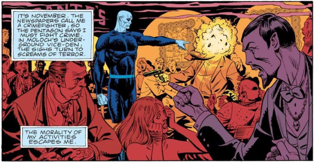 Dr. Manhattan explodes a criminal's head under orders from the Pentagon.