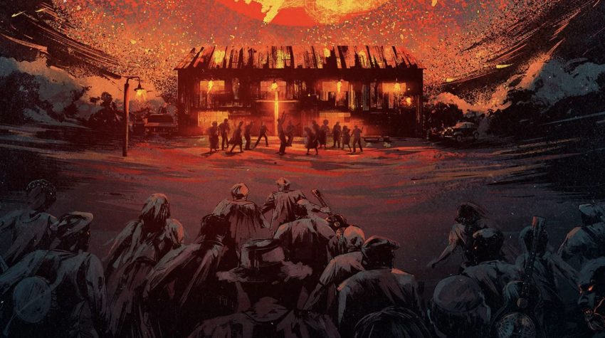 A painting of a juke joint on fire while a horde of vampires approach
