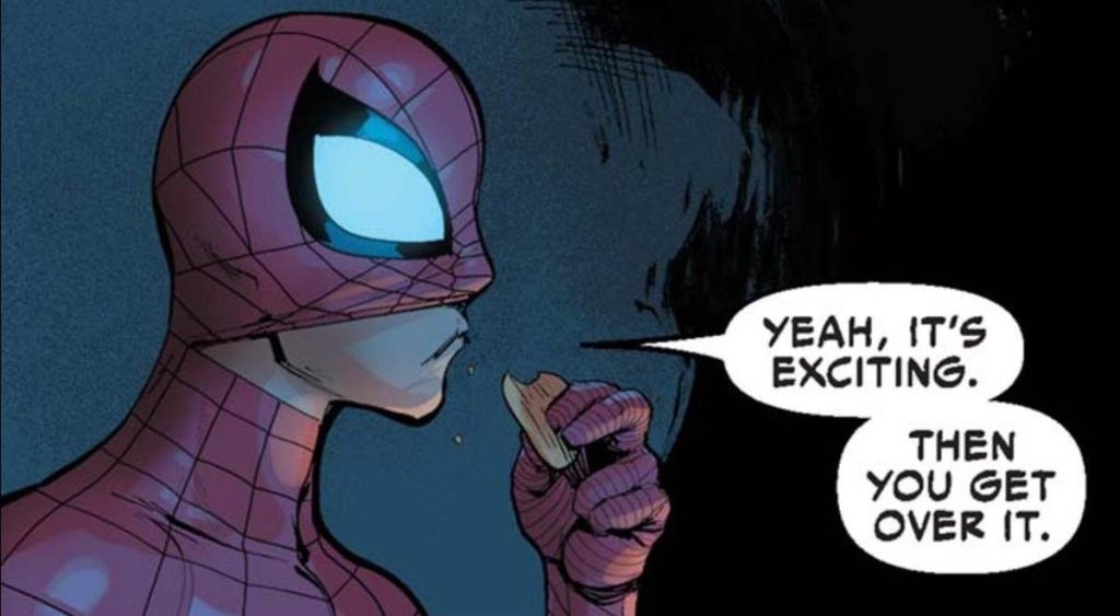 Spider-Man eats with his mask pulled up expressing disappointment.