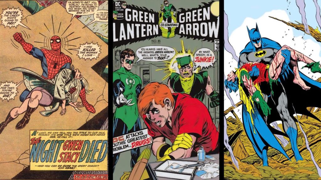 Side by side images from the death of Gwen Stacy, Roy Harper's heroin addiction, and the death of Jason Todd.