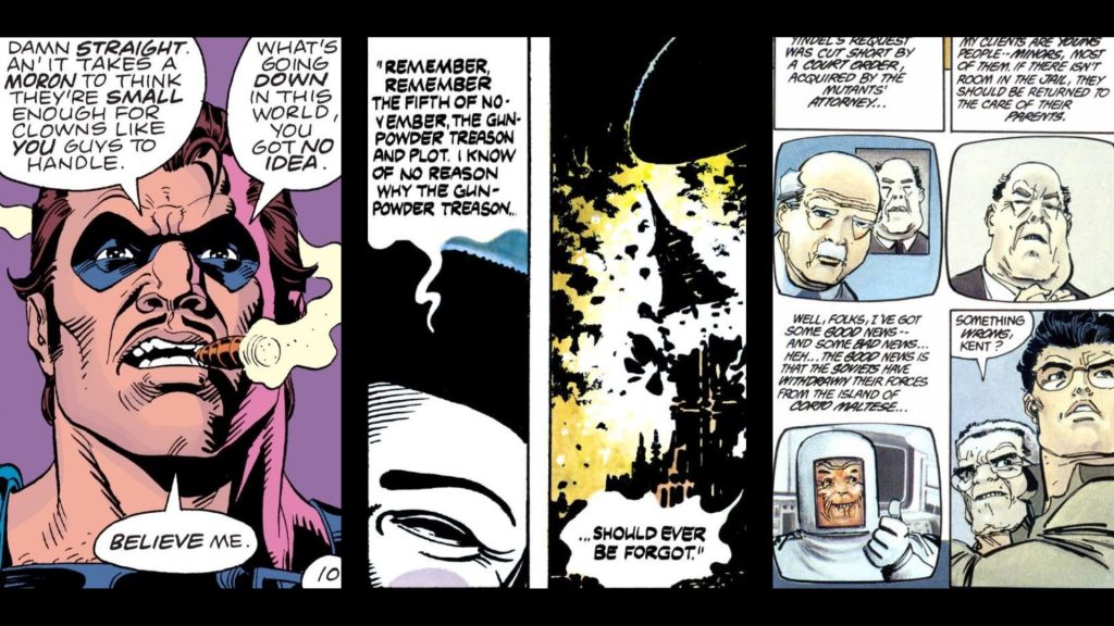 Side by side panels from Watchmen, featuring the Comedian, from V for Vendetta, and from The Dark Knight Returns.