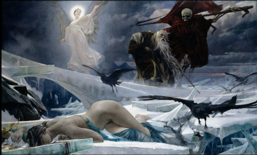 A mythical painting featuring an angel, a demon, some birds, and a slumbering woman. You’ve visited this nothingness before—the thoughtless space between the great dream and rebirth. But this time is different. This time, every molecule and atom screams at you, this is all wrong. Nature weeps from your cracked skin, sunlight scorches your shade, sirens wail between your ears. Adolf Hiremy Hirschl, Ahasuerus at the End of the World (1888, public domain)