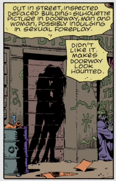 Panel from watchmen featuring Hiroshima-esque graffiti silhouettes.