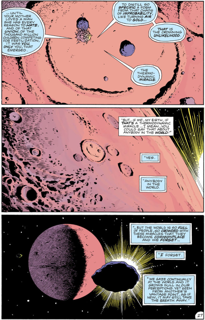A page from Watchmen, revealing a smiley face etched into the surface of Mars, as Dr. Manhattan rhapsodises on life's peculiar miraculousness.