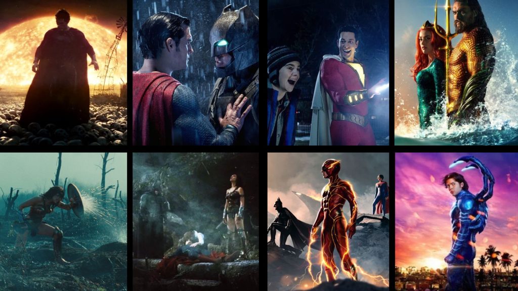 A series of images from the DECU (DC Extended Universe) film franchise, including: Man of Steel, Batman V Superman, Wonder Woman, Shazam!, Aquaman, The Flash, and Blue Beetle.