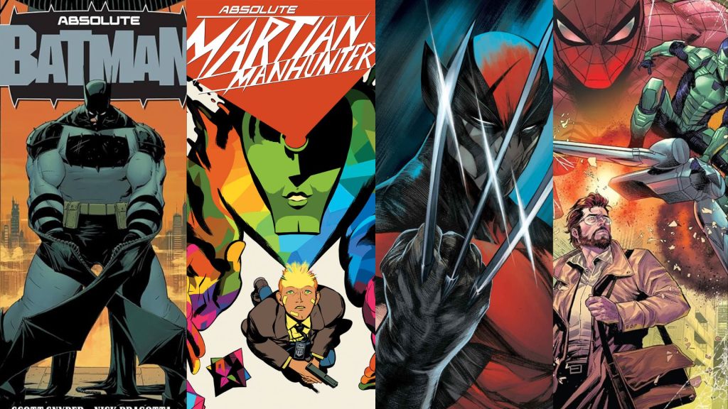 A lineup of exciting comic book titles such as: Absolute Batman, Absolute Martian Manhunter, Ultimate Wolverine, and Ultimate Spider-man