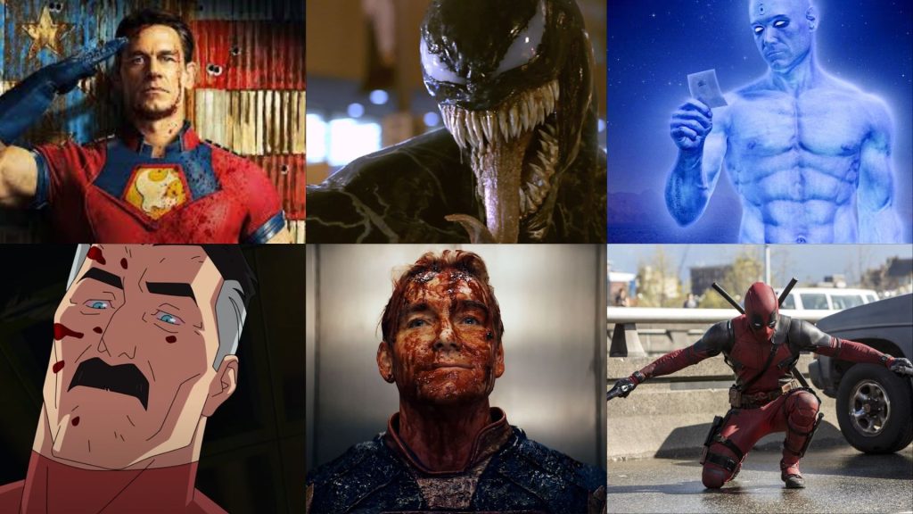 A collection of antiheroes or straight up villains, including: Peacemaker, Venom, Dr. Manhattan, Omni-Man, Homelander, and Deadpool.