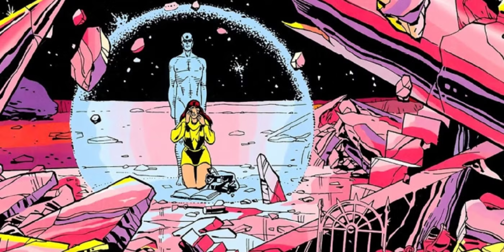 Dr. Manhattan stands behind Laurie as she sobs, having discovered who her true father is.