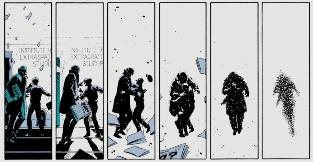 The psychic wave obliterates New York, as two bystanders clutch each other close.