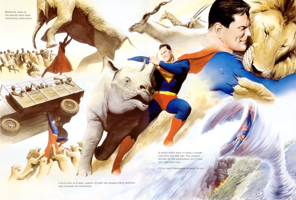 Superman lifts a truck, cuddles a lion, and stops a tornado in this painted double page comic book spread.