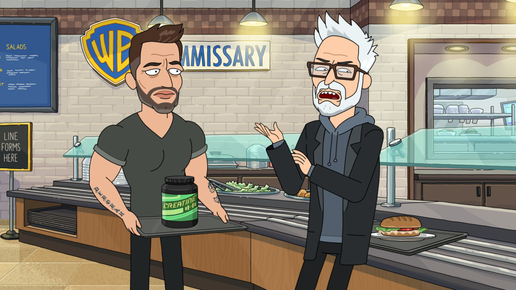 Cartoon versions of Zack Snyder and James Gunn talk in the Warner Brother's cafeteria.