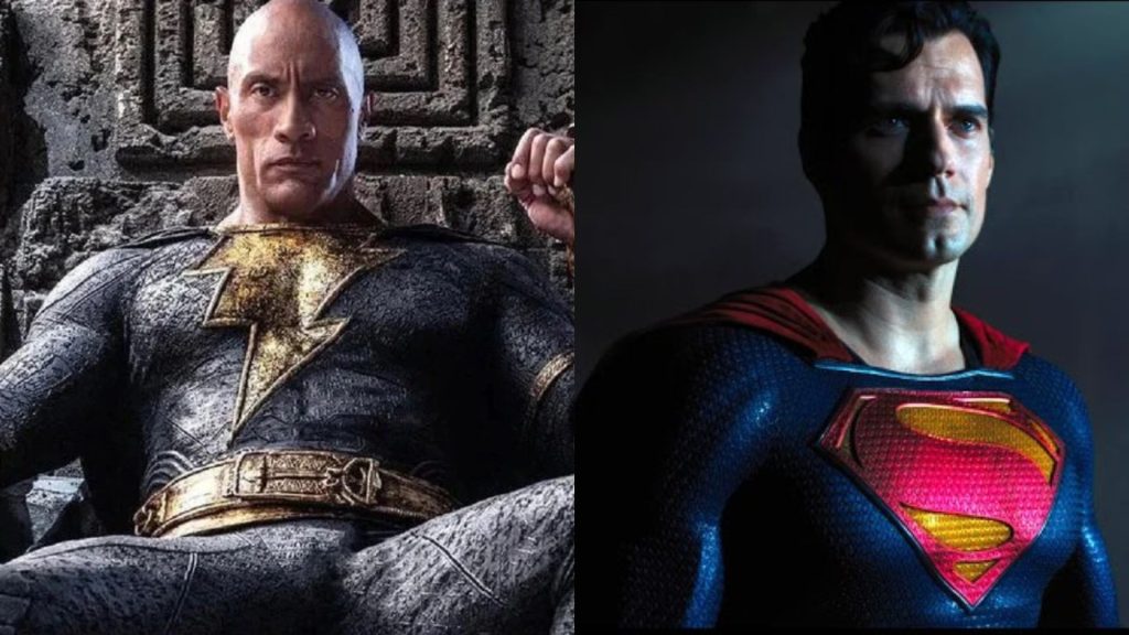 Side by side images—Dwayne Johnson's Black Adam sits atop a throne (left) and Henry Cavill's Superman looks at him.