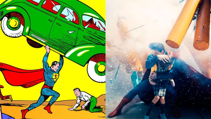 Side by side images from Action Comics #1 as Superman lifts a car (left) and a still from Superman (2025 movie) as he saves a girl from wreckage.