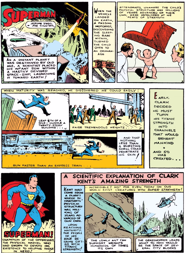 A page from Action Comics #1 explaining Superman's origins and abilities.