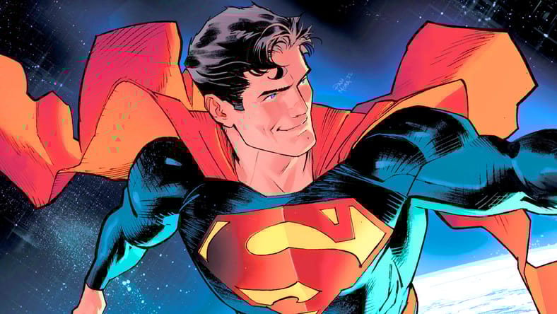 Superman flies above the earth with a smile on his face.