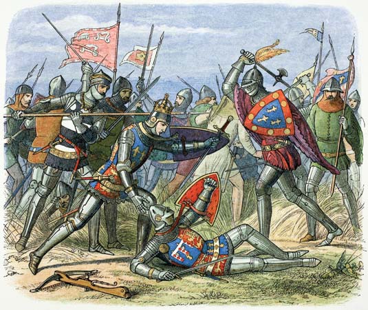 A coloured drawing of a knight on the ground being beaten down by his comrades.