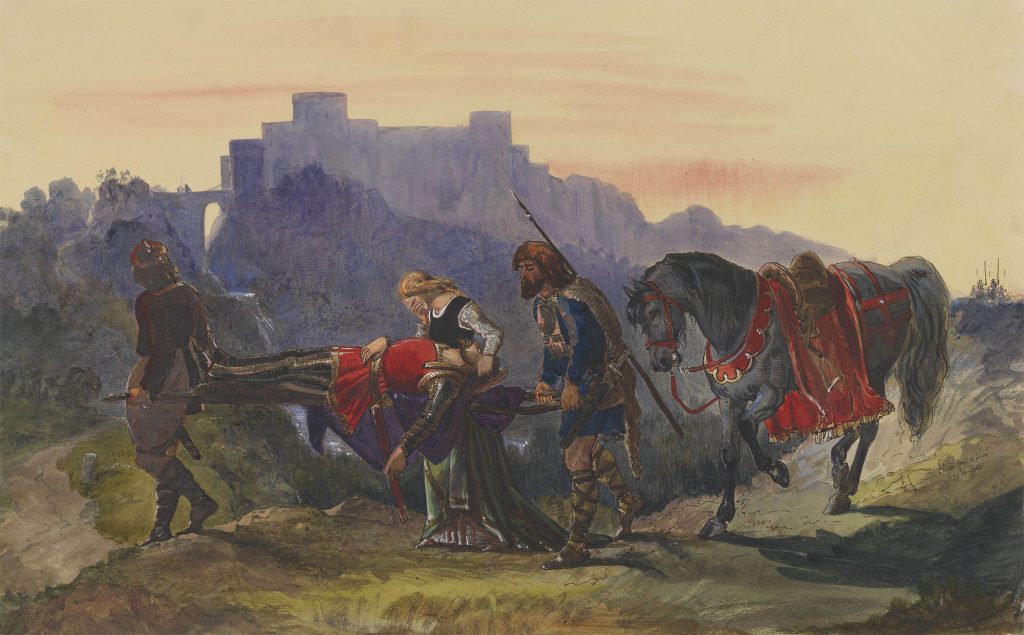 King Arthur leading horse and men on a quest.