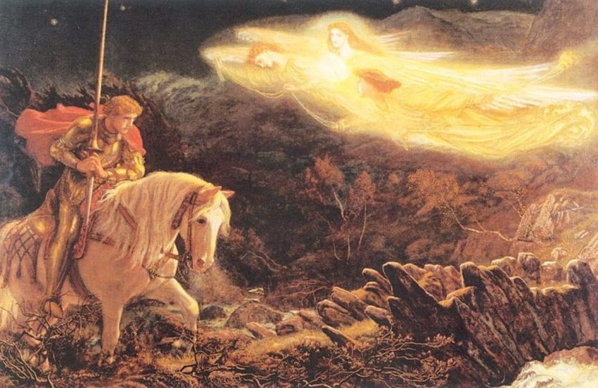 King Arthur, holding a sword astride a horse, is approached by a glowing yellow angel.
